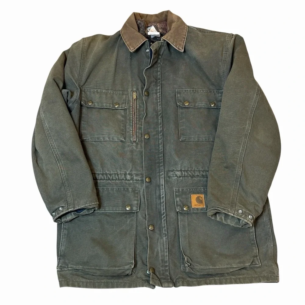 VTG Carhartt Jacket PB1366 Green Blanket Lined Barn Coat Chore Medium Made In US